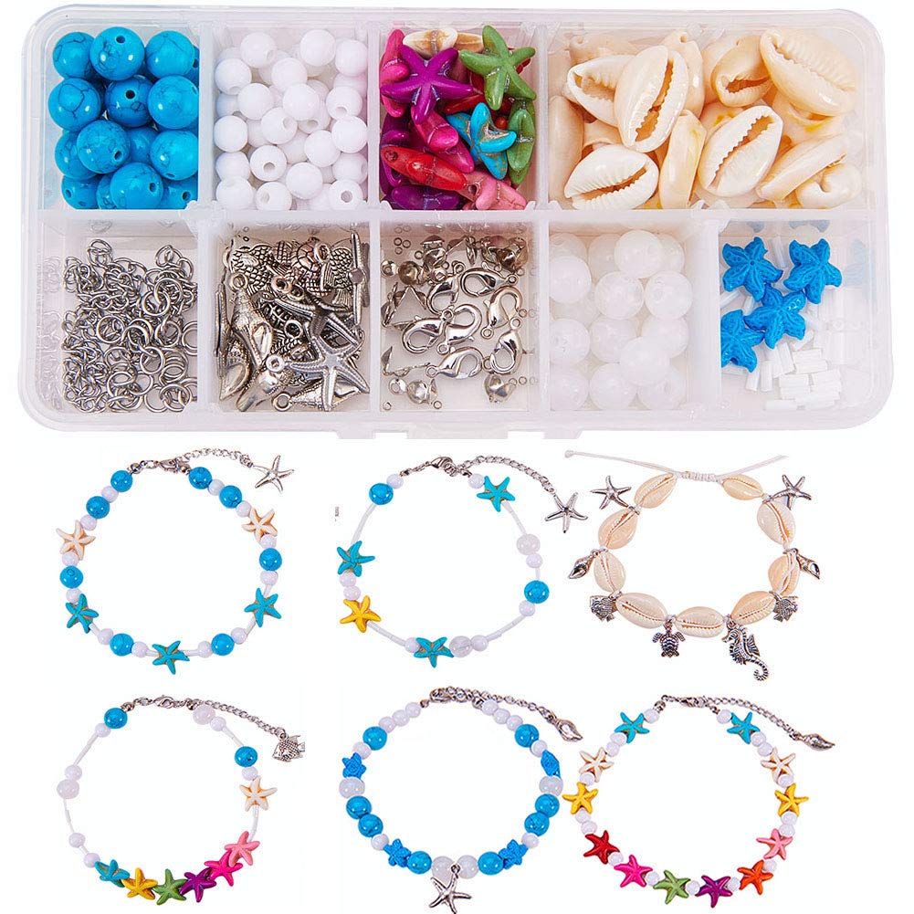 SUNNYCLUE 1 Box DIY 6Set Spiral Shell Beads Beach Charm Ankle Bracelet Making Starter Kit Summer Sandal Anklets Adjustable Foot Chain Jewellery Making Supplies Craft Set, Instruction