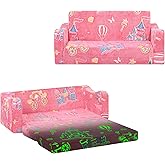 alldomess Kids Couch Extra Large,Glow in The Dark 2-in-1 Folding Kids Sofa Bed for Girls,2 Seats Convertible Sleeper Lounger Toddler Couch for Children Bedroom Playroom Nursery,Castle