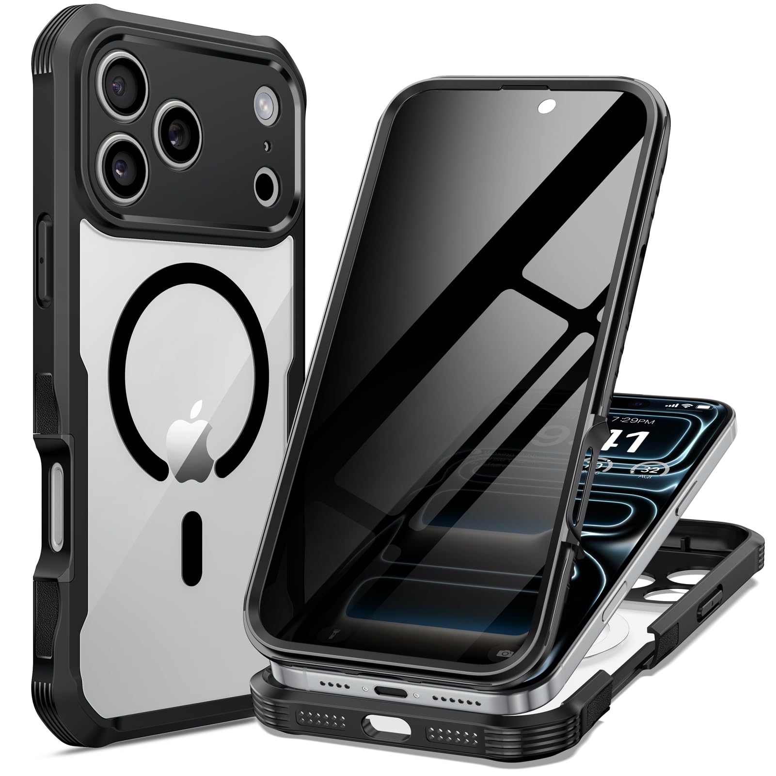 Photo 1 of seacosmo for iPhone 17 Pro Max Case, Full Body Bumper with Built-in 9H Tempered Glass Privacy Screen Protector and Camera Lens Protection, Compatible with MagSafe, Shockproof Phone Case, 6.9", Black