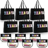 Talltalk 12 Pcs Teacher Tote Bags Bulk, Black Appreciation Gifts Chenille Letters Totes Bags with Makeup Pouch Set for Easter Graduation Party Teacher Gifts