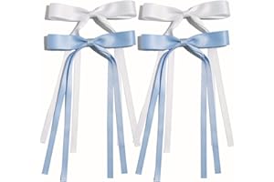 LFOUVRE 4pcs Hair Accessories for Women, Tassel Ribbon Bowknot Long Hair Barrettes with Long Tail, Solid Claw Clips with Bow (White Light Blue)