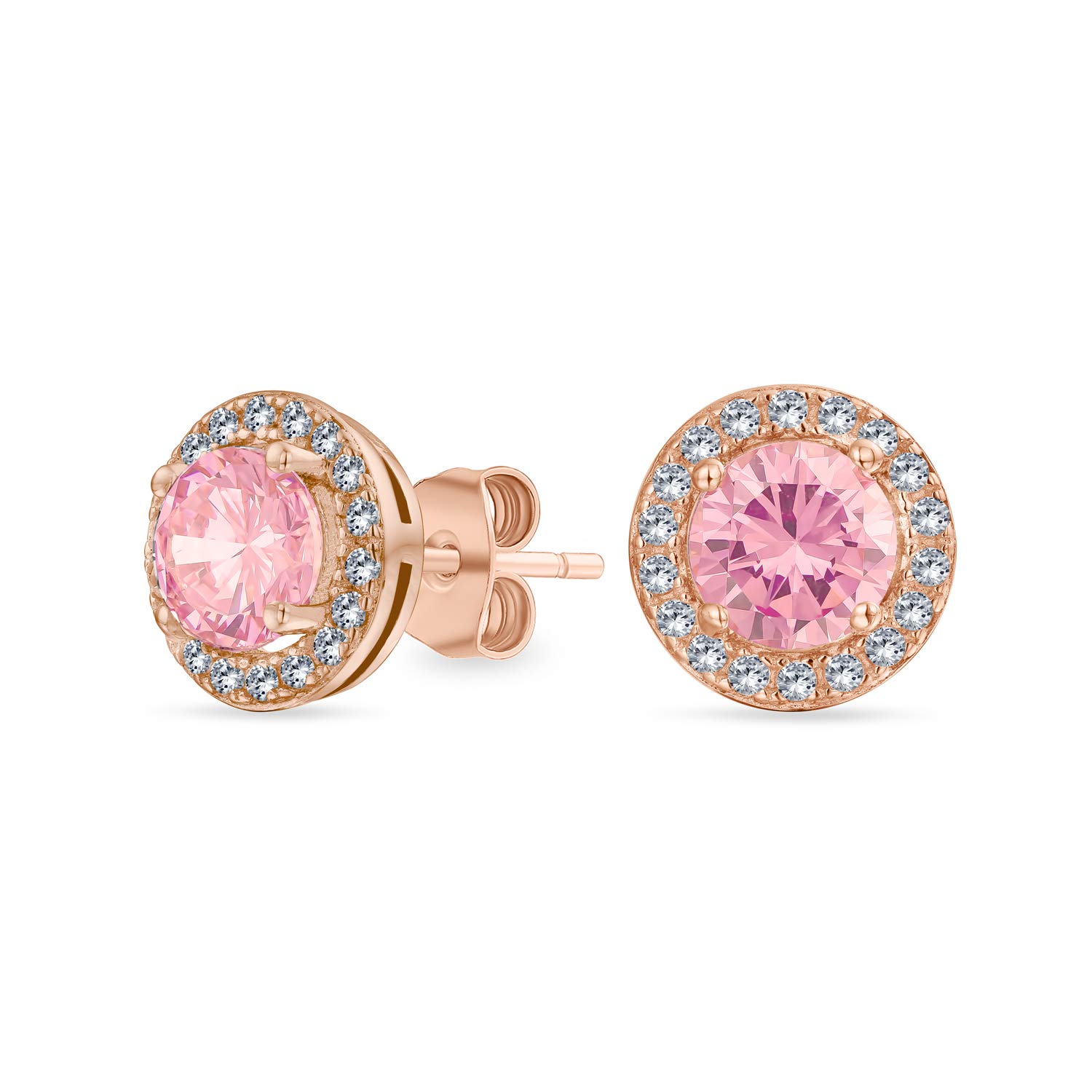 Round Solitaire Halo Cubic Zirconia Pink Simulated Morganite Stud Earrings Rose Gold Plated .925 Sterling Silver 8MM