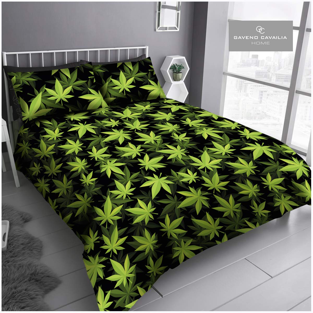 Gaveno Cavailia Luxurious Leaf Bed Set with Duvet Cover and Pillow Cases, Polyester-Cotton, [ Single-Black/Green ], Polycotton