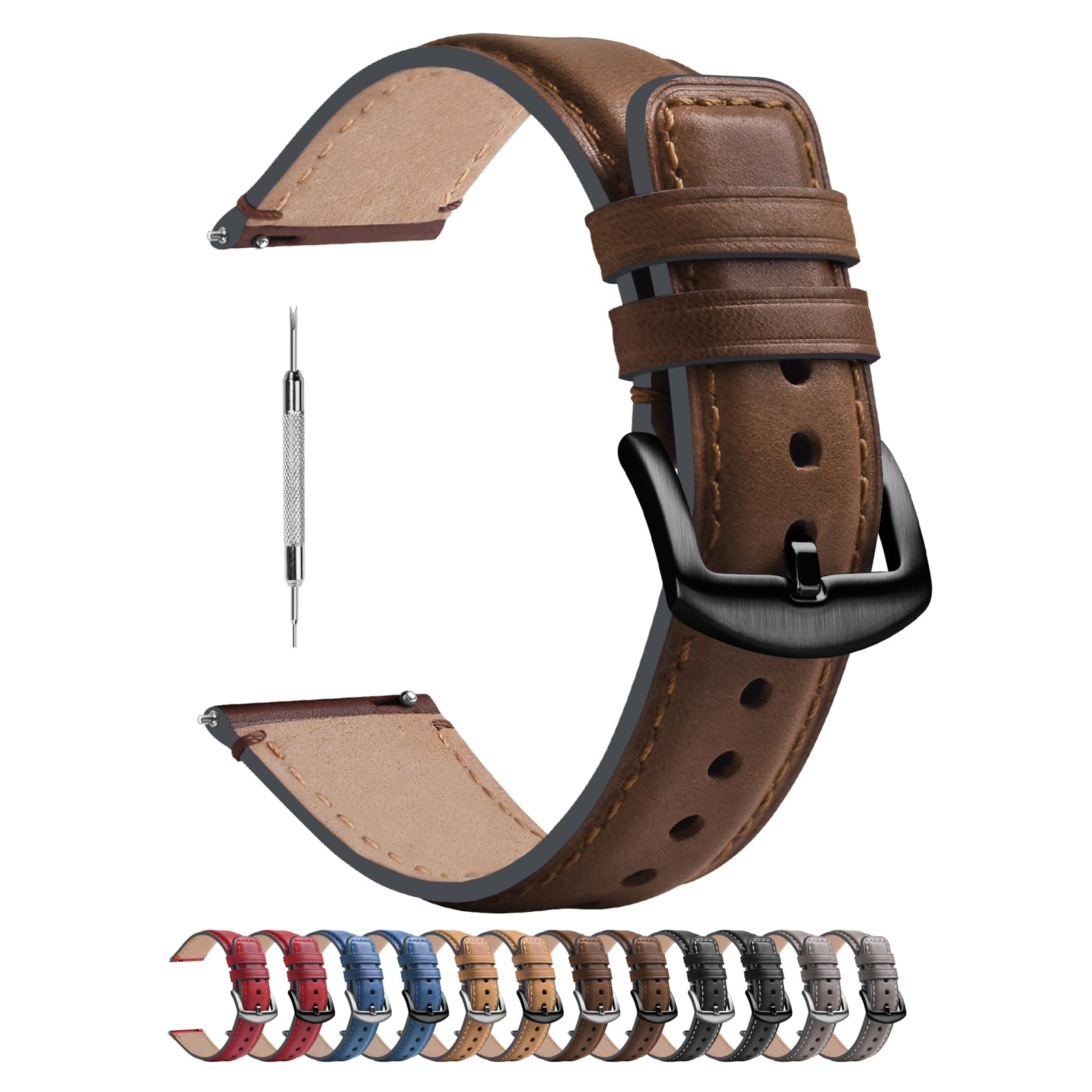 Fullmosa 22mm Watch Strap Compatible with Samsung Galaxy Gear S3 Classic/Gear S3 Frontier/Galaxy 3 45mm/Samsung Gear 2 R380/Garmin Venu 3/2, Leather Smart Watch Straps for Men, Dark Brown+Smoke Grey