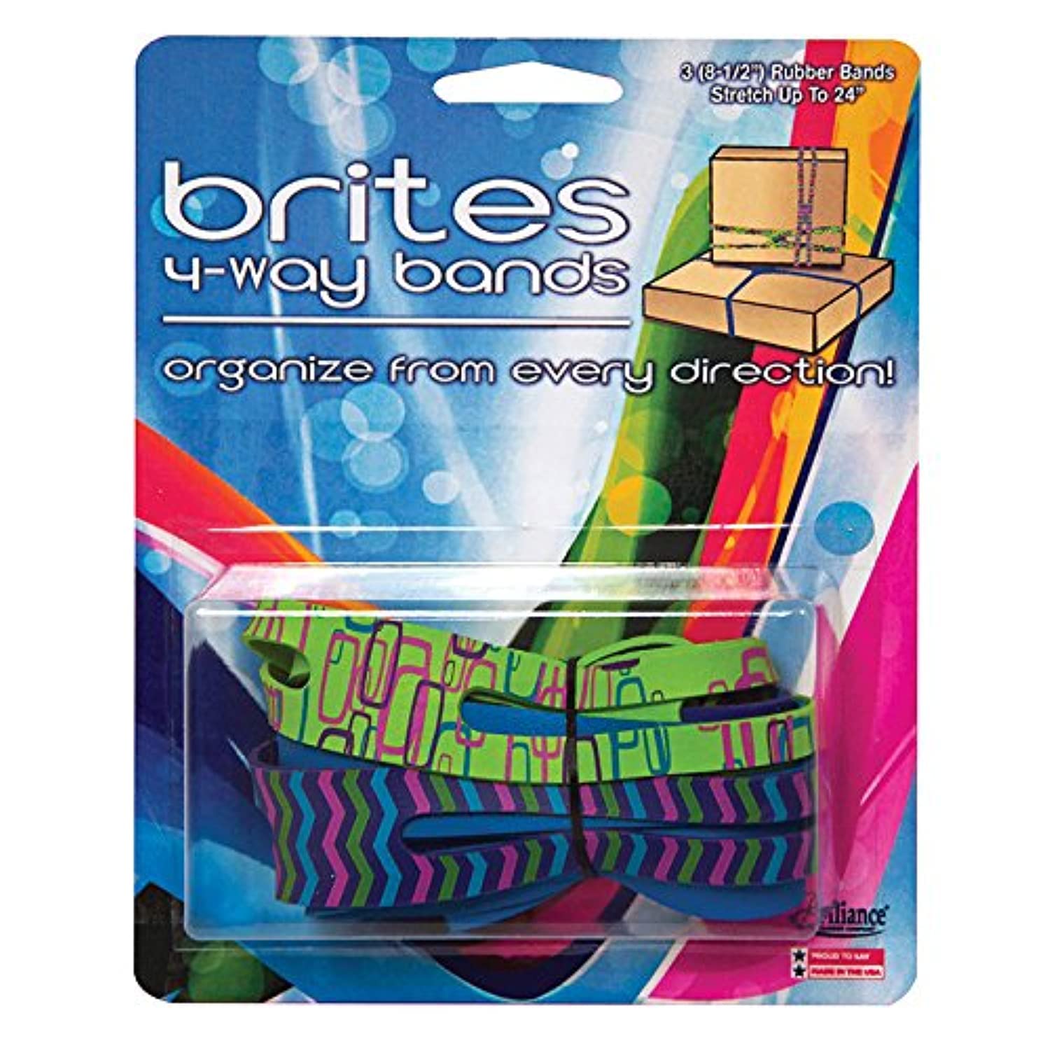 Alliance Rubber 07875 Brites 4-Way Non-Latex Rubber Bands, 8-1/2", 3 Pack, Blue, Orange, and Lime Green