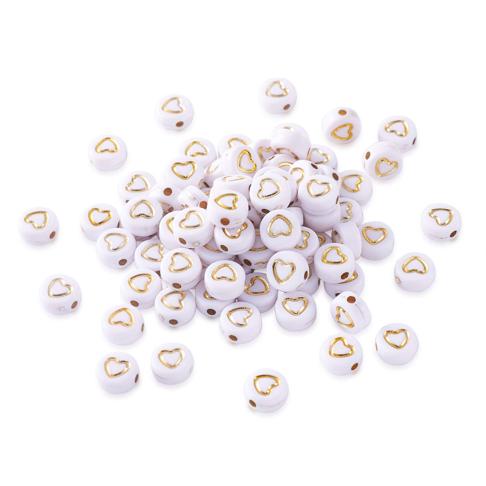 Beadthoven 200pcs White Acrylic Gold Heart Beads 7mm Flat Round Love Heart Disc Coin Pony Beads for Bracelet Charms Jewelry Craft Makings Hole: 1.5mm