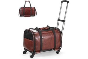 Lasaviin Leather Pet Carrier with Wheels, Airline Approved Travel Bag for Small Dogs & Cats Under 15 lbs, Rolling Pet Carrier