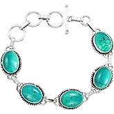 Oval Shape Natural & Synthetic Gemstones 925 Silver Plated Handmade Link Bracelets for Women - Birthstone Vintage Style Bohemian Adjustable Bracelet - Gifts for Wedding Anniversary Christmas