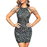 Kaei&Shi Sequin Mini Dress,Sparkly Halter Prom Dresses for Women,Sexy Homecoming Cocktail Party Outfits