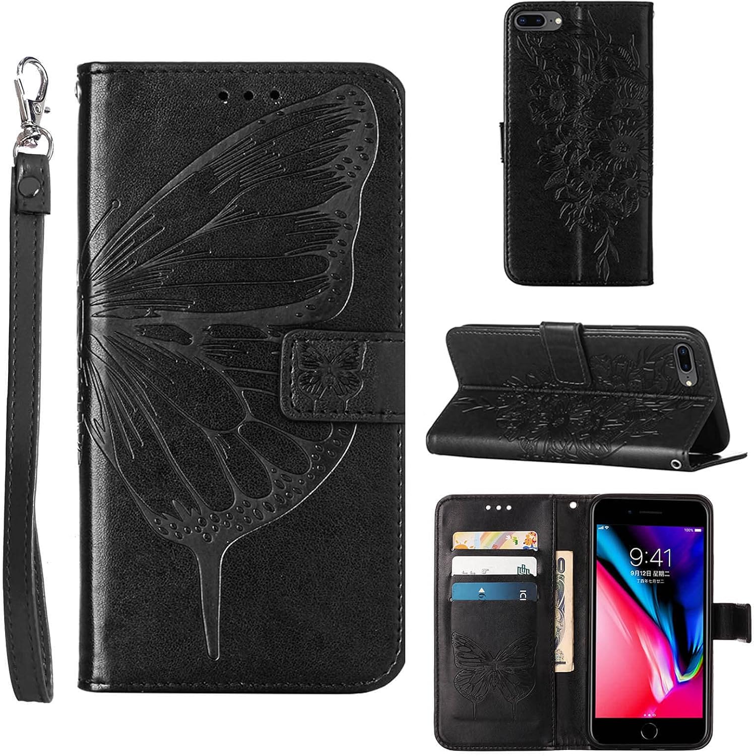 Compatible for iPhone 8 Plus Wallet Case,iPhone 7 Plus Case Women,iPhone 6/6S Plus Case,[Kickstand][Wrist Strap][Card Holder] Butterfly Floral Embossed PU Leather Flip Cover 2021 (Black)