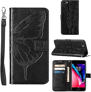 Compatible for iPhone 8 Plus Wallet Case,iPhone 7 Plus Case Women,iPhone 6/6S Plus Case,[Kickstand][Wrist Strap][Card Holder] Butterfly Floral Embossed PU Leather Flip Cover 2021 (Black)