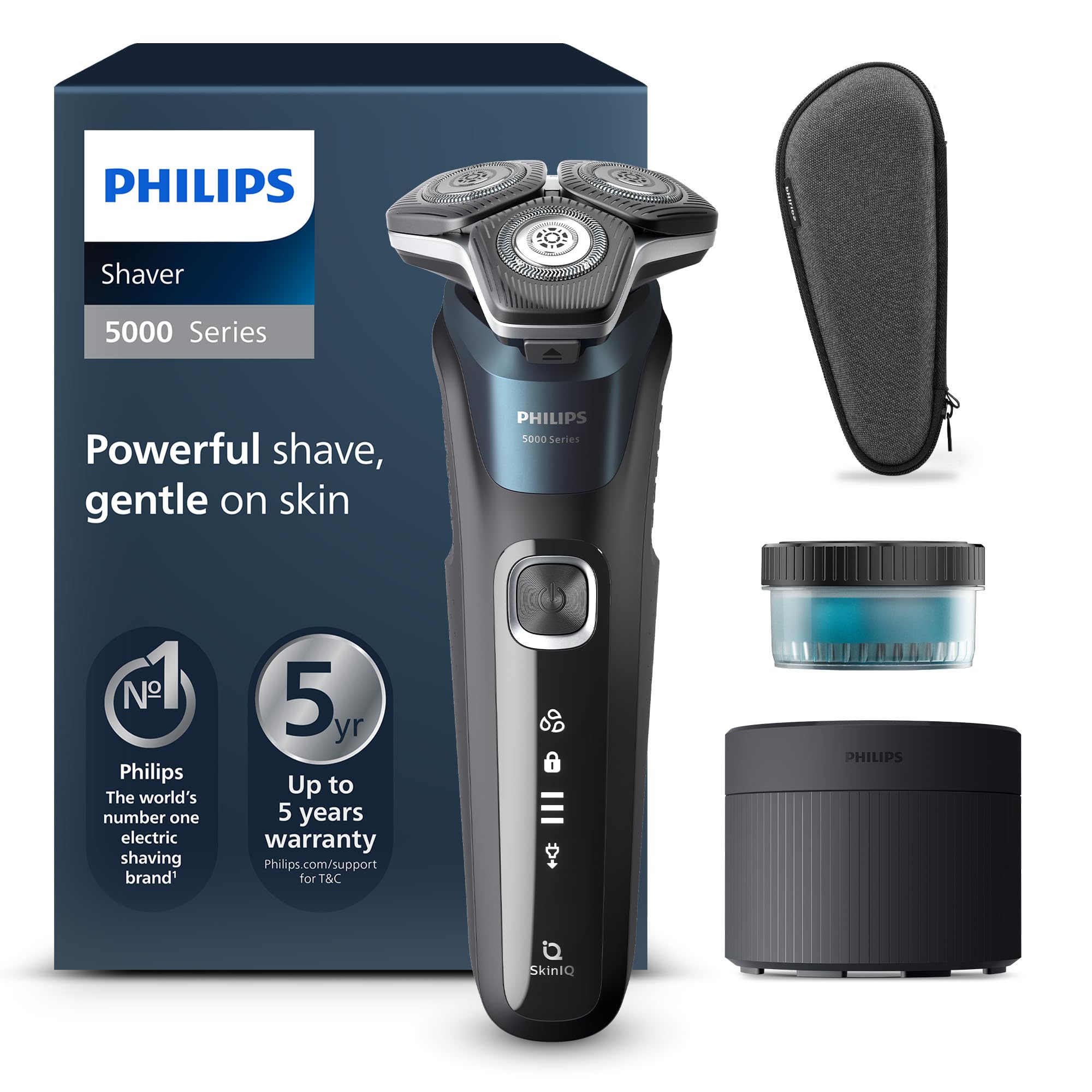 Philips Shaver 5000 – Elektrischer Rasierer für Herren: Nass- und Trockenrasur mit SkinIQ Technologie, ausklappbarer Trimmer, Transporttasche, Reinigungsstation, Elektrik-Blau (S5889/50)