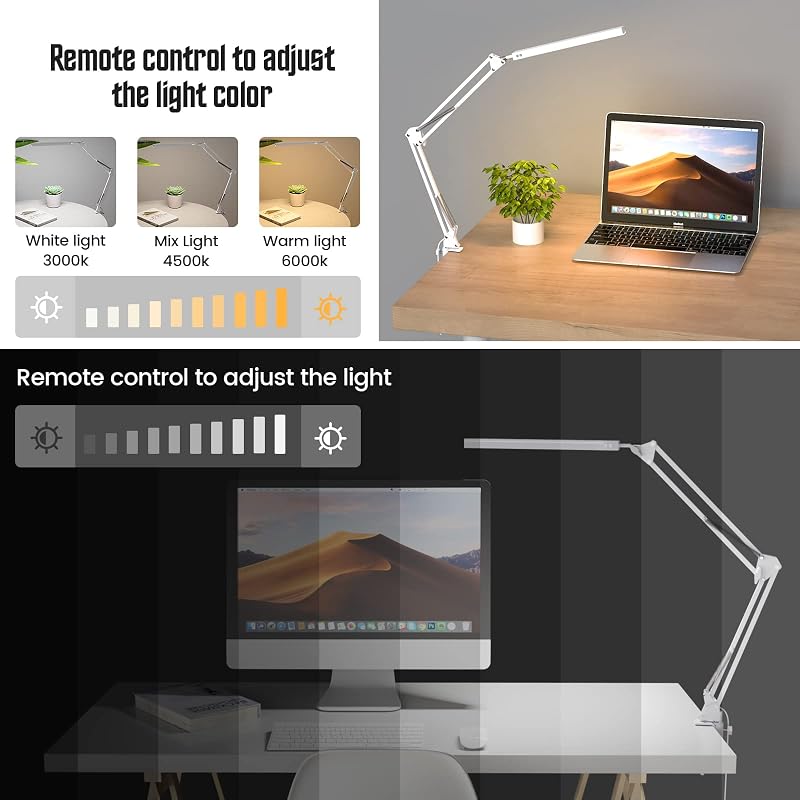 Candeeiro de Secretária LED - Candeeiro de Secretária LED potente com clipe - Lâmpada de Secretária LED com proteção ocular - 3 modos de iluminação X 10 níveis de brilho - Branco — foto 3 de 7