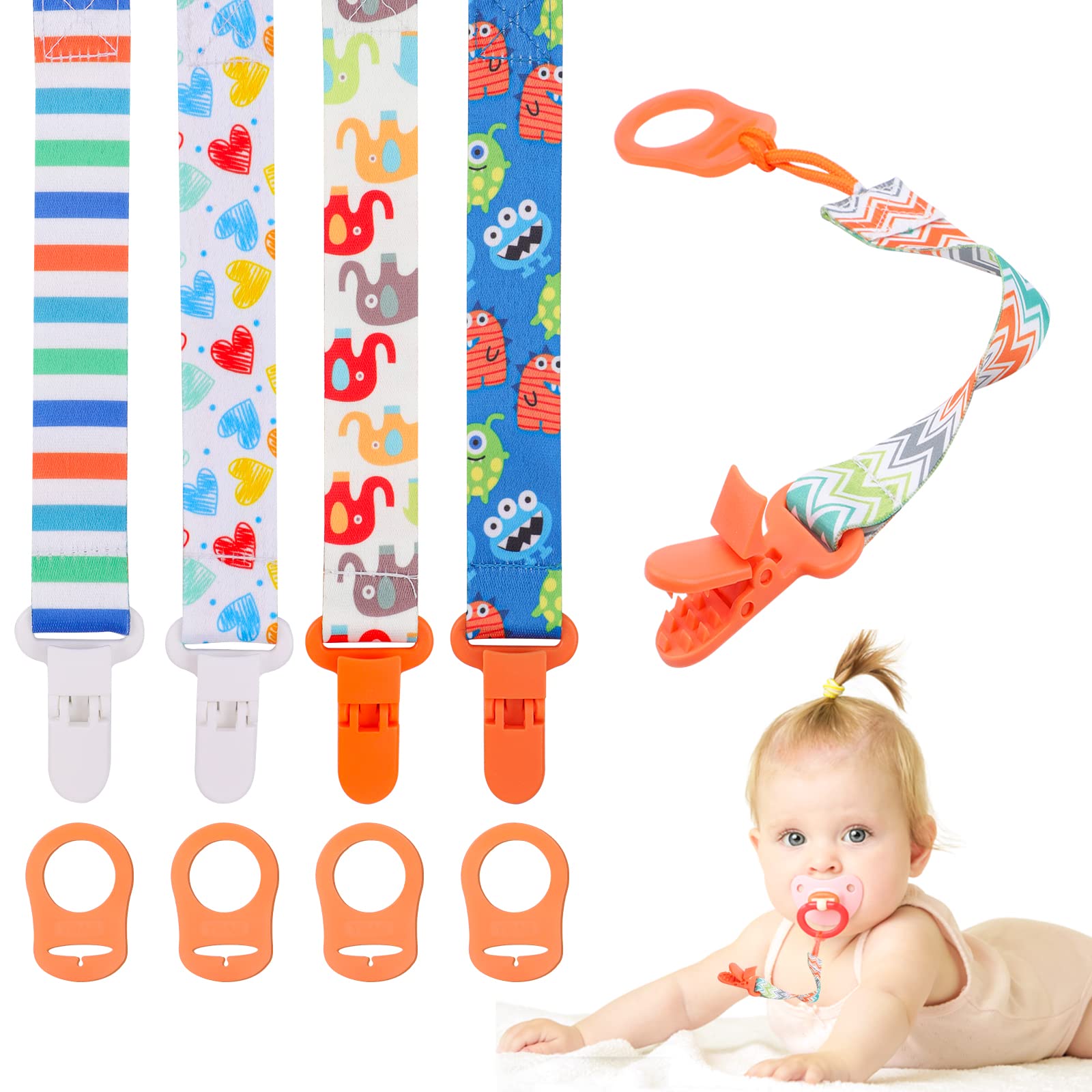 10 Pcs Dummy Clip Boys with Silicone Adapter, PP Material Baby Pacifier Clip, Soother Chain Holder Straps Teething Clips for Baby Teething Toys Baby Shower (Orange)