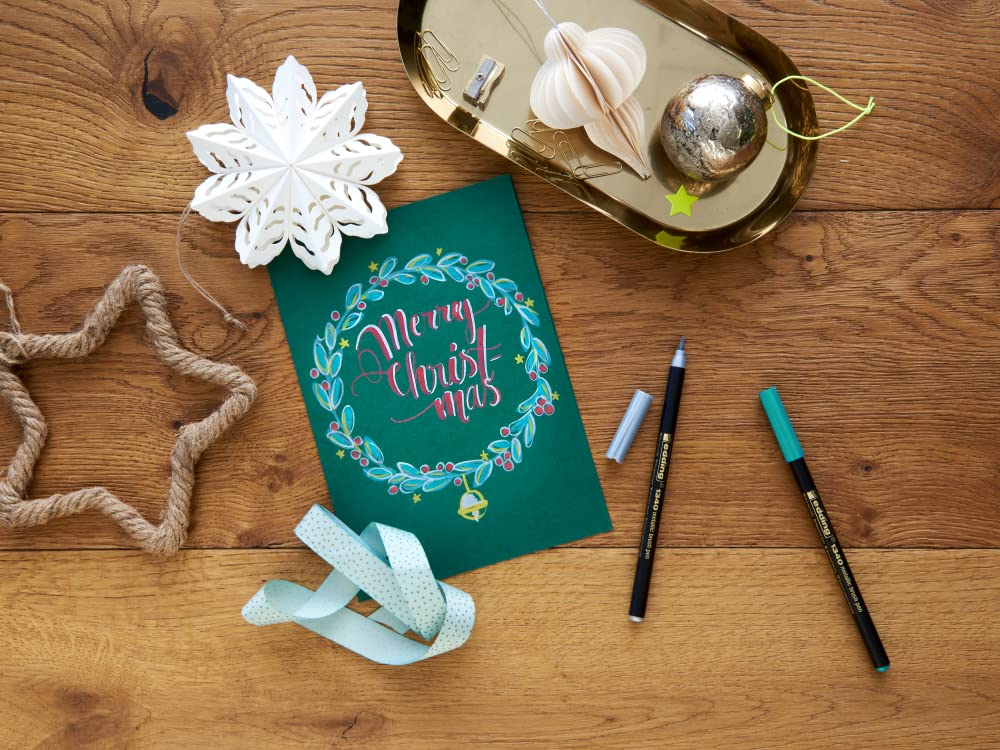 edding 1340 Metallic Brush Pen - Christmas Set - 4 Pens - Flexible Brush Nib 1-6 mm - Metallic Marker for Labelling, Drawing and Sketching - High Coverage Even on Dark Paper