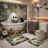 InIsaJace Halloween Ghost Shower Curtain Set, 4PCS Ghost and Black Cat Bathroom Curtain Bath Mat Toilet Lid Cover and U-Shaped Mat, Horror Funny Spooky Bathroom Decor Accessories Set