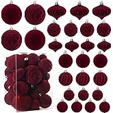 Celltestria 28PCS Velvet Christmas Balls Ornaments, Flocked Shatterproof Burgundy Xmas Tree Hanging Decoration Plastic Ball Set Bulk Ornament for Winter Trees Holiday Party Home Wreath Decor