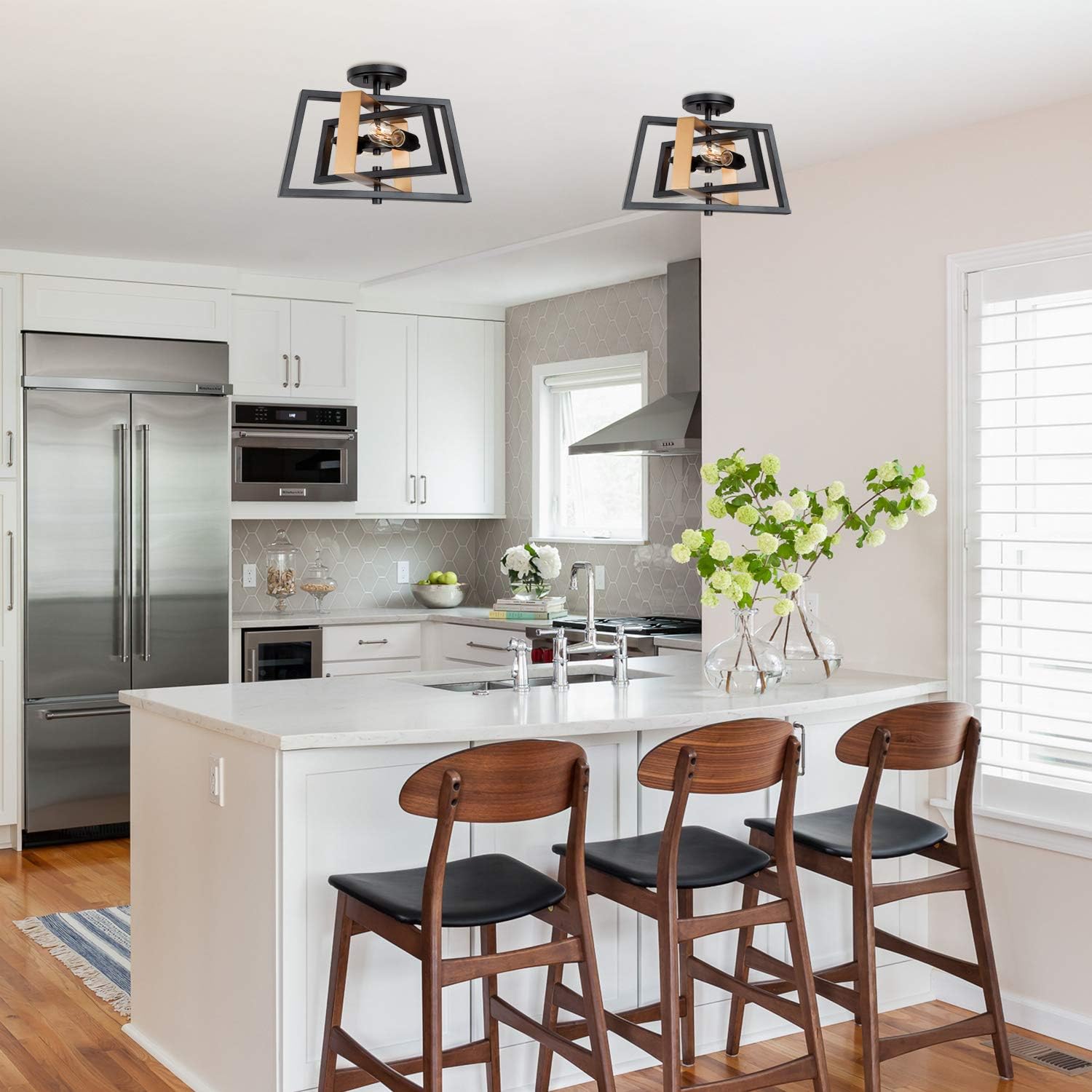 KSANA Semi Flush Mount Ceiling Light with Rotatable Frame, Modern Square Light Fixture for Bedroom, Living Room, Kitchen, Closet, Hallway, Laundry Room (Black and Dark Gold Finish) - - 