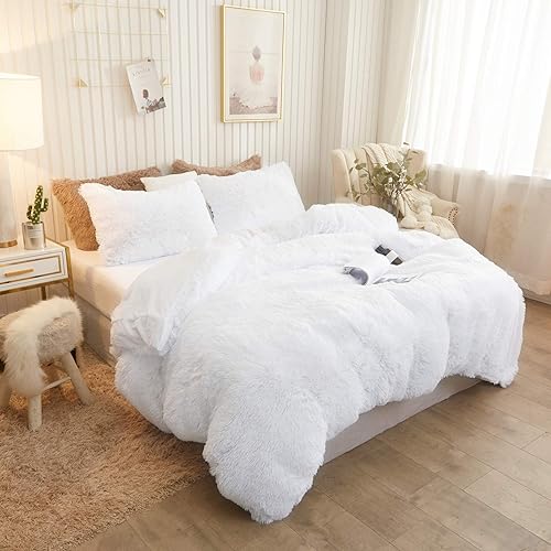 XeGe Plush Shaggy Duvet Cover Luxury Ultra Soft Crystal Velvet Bedding 1PC(1 Faux Fur Duvet Cover),Zipper Closure(Twin,White)