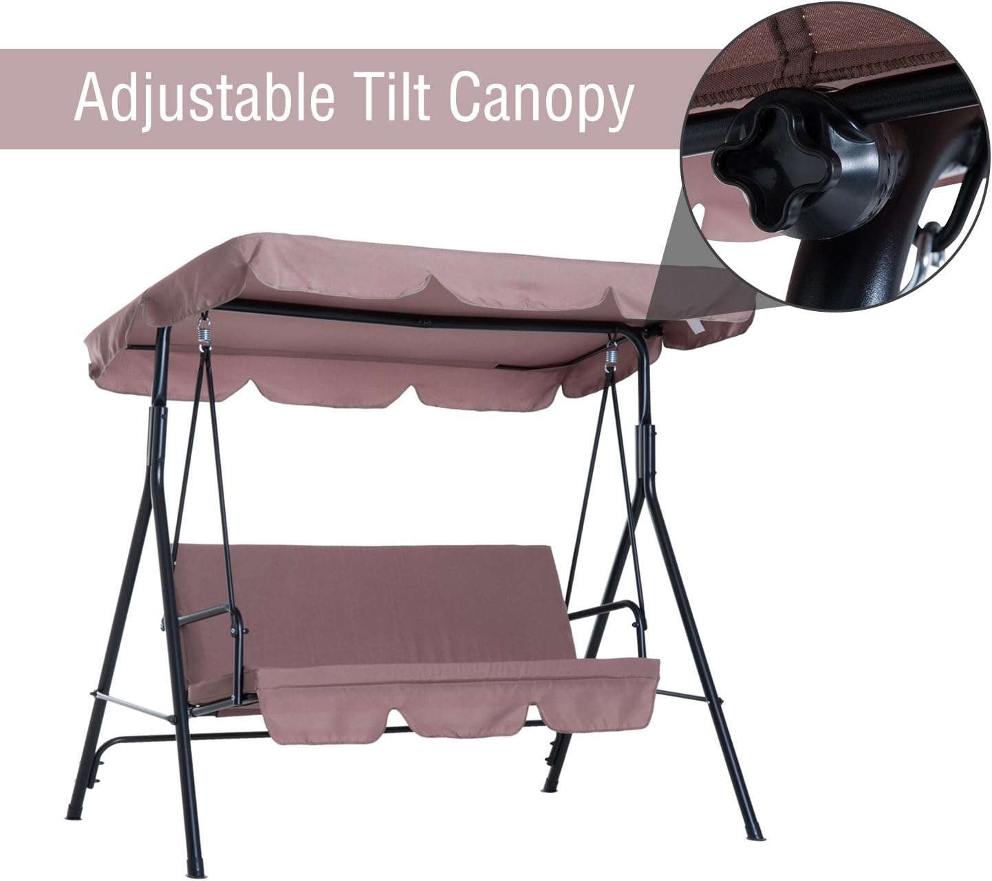 Outsunny 3 Seater Swing Chair with Adjustable Canopy, Garden Swing Seat with Steel Frame, Padded Seat, Brown - Image 5