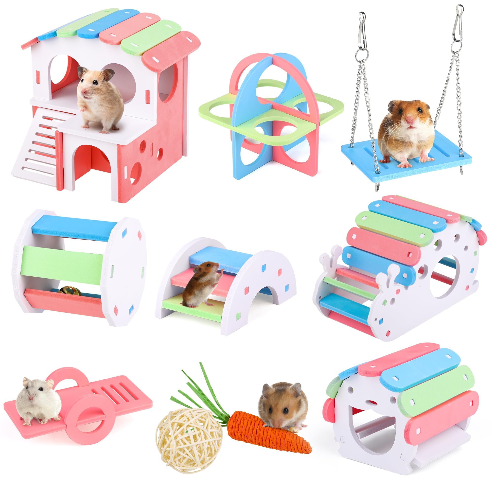 Photo 1 of MCEAST 10 Pieces Fun Hamster Toys Set Include DIY Wooden Gerbil Hideout Hamster House Rainbow Bridge Seesaw Swing Roller Pet Exercise Chew Play Toys Guinea Pig Cage Accessories for Small Animals