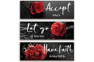 ZINYAZHE 3 Pcs Red Decor Flower Inspirational Wooden Wall Art Red Roses Office Wall Decor with Accept Let Go Have Faith Positive Quotes for Girl Women Bathroom Living Room Bedroom(Red Rose12 x 4 Inch)