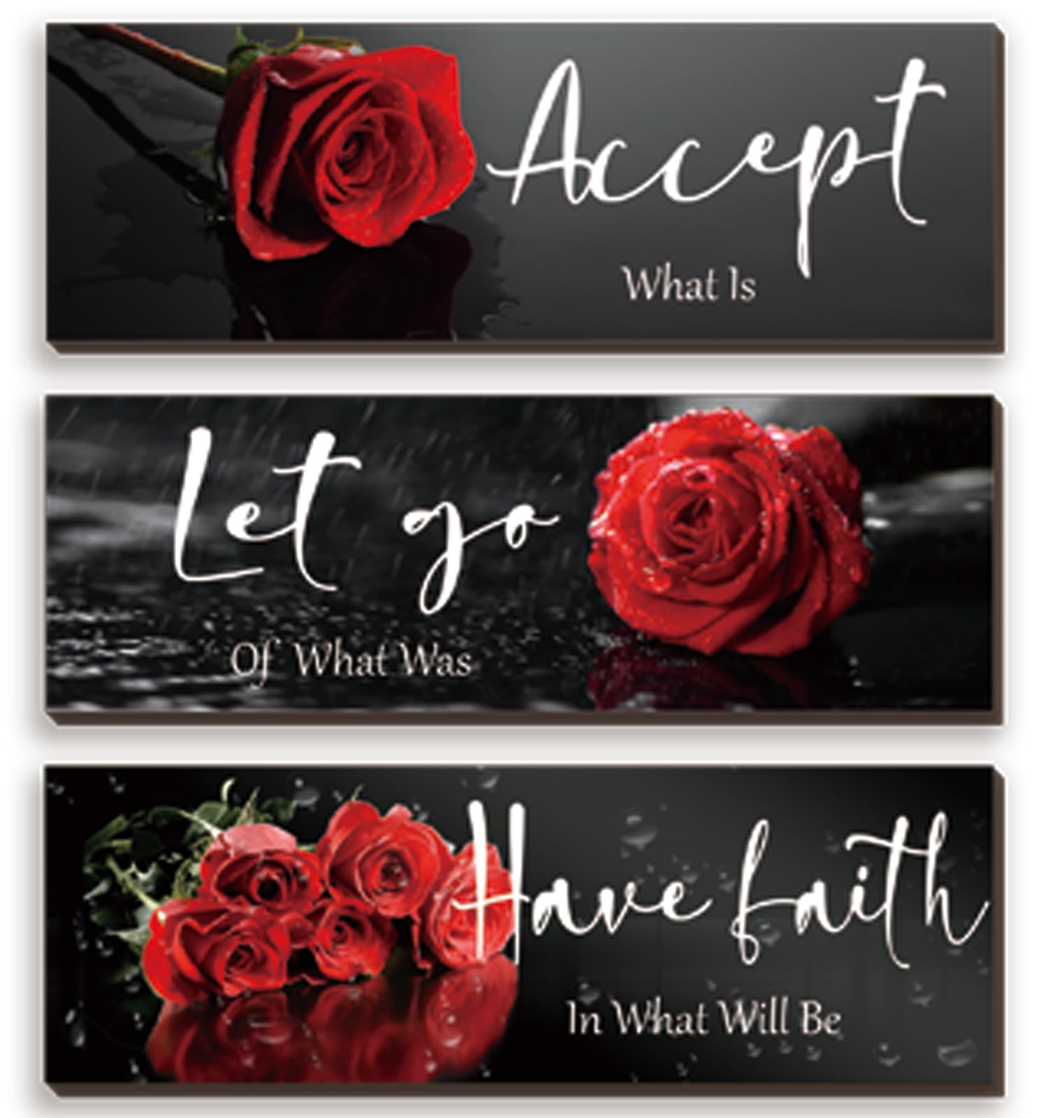 Photo 1 of 3 Pcs Red Decor Flower Inspirational Wooden Wall Art Red Roses Office Wall Decor with Accept Let Go Have Faith Positive Quotes for Girl Women Bathroom Living Room Bedroom(Red Rose12 x 4 Inch)