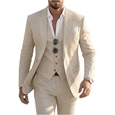 Fesenbo Men Linen Suit Slim Fit 3 Piece Retro Blazer Vest Pants Set | Mens Casual Suits, Summer Beach Wedding Suits, Lightweight, Notch Lapel, 2 Buttons, Groom Prom Business Homecoming Tuxedo