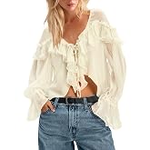 KOTHEN Boho Tops for Women Lace Tie Front Tops Ruffle Top Long Sleeve Flowy Blouse V Neck Shirt Beach Vacation Y2k Tops 2026
