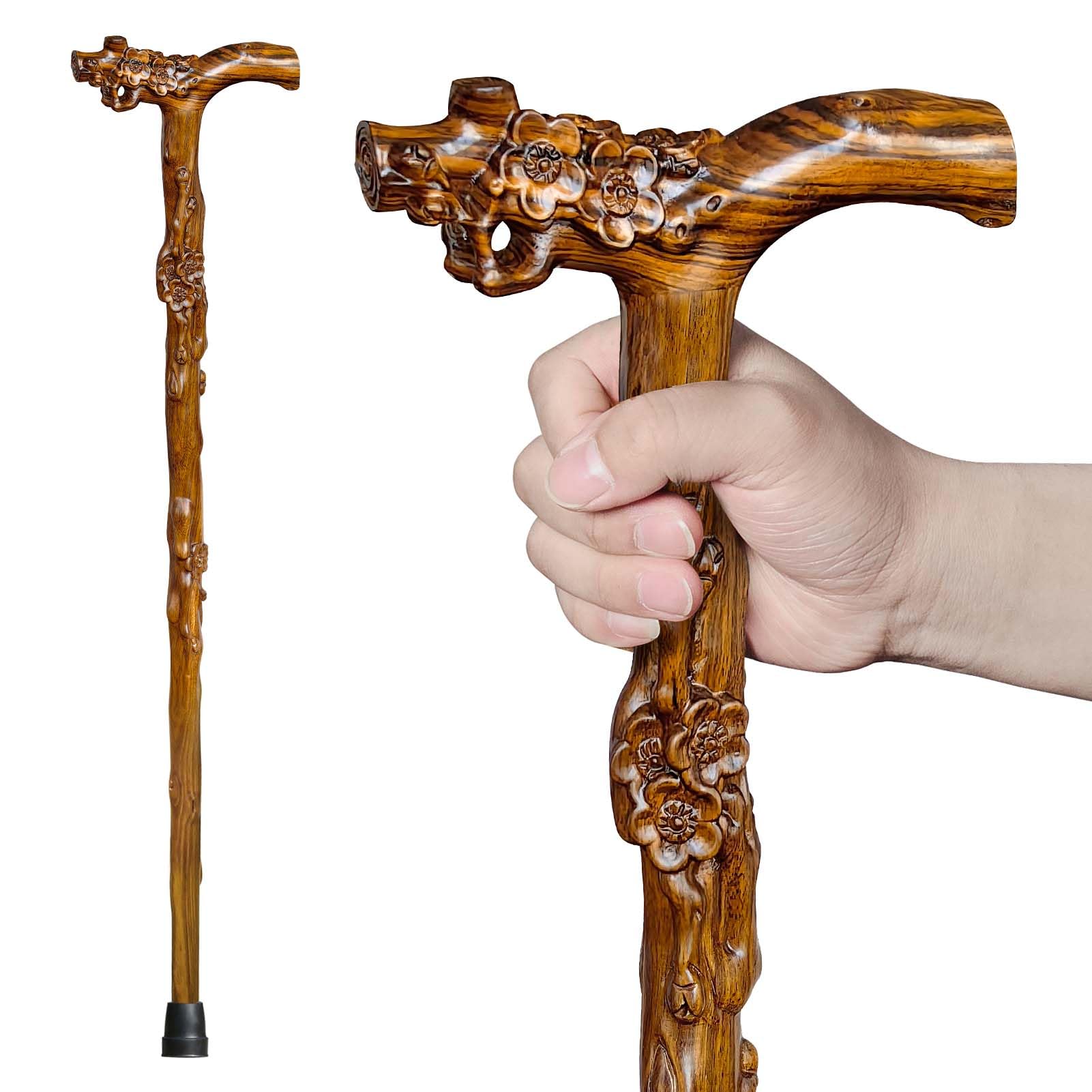 Photo 1 of ispuoocti Wooden Walking Cane, Hand-Carved Wood Walking Cane for Men and Women, with Massage Function Support up to 500lbs, High-end Canes for Seniors Suitable for Gift Giving (Flowers)