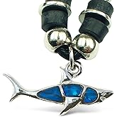 Puzzled Aqua79 Blue and Silver Shark Necklace - Shark Jewelry Bohemian Pendant Necklace For Women and Men, Zinc Alloy and Natural New Zealand Abalone Jewelry Paua Shell - 18 Inches Long