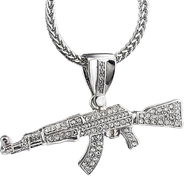 AK47 Gun Pendant Silver Tone IcedOut Assault Rifle 36 In Franco Hip