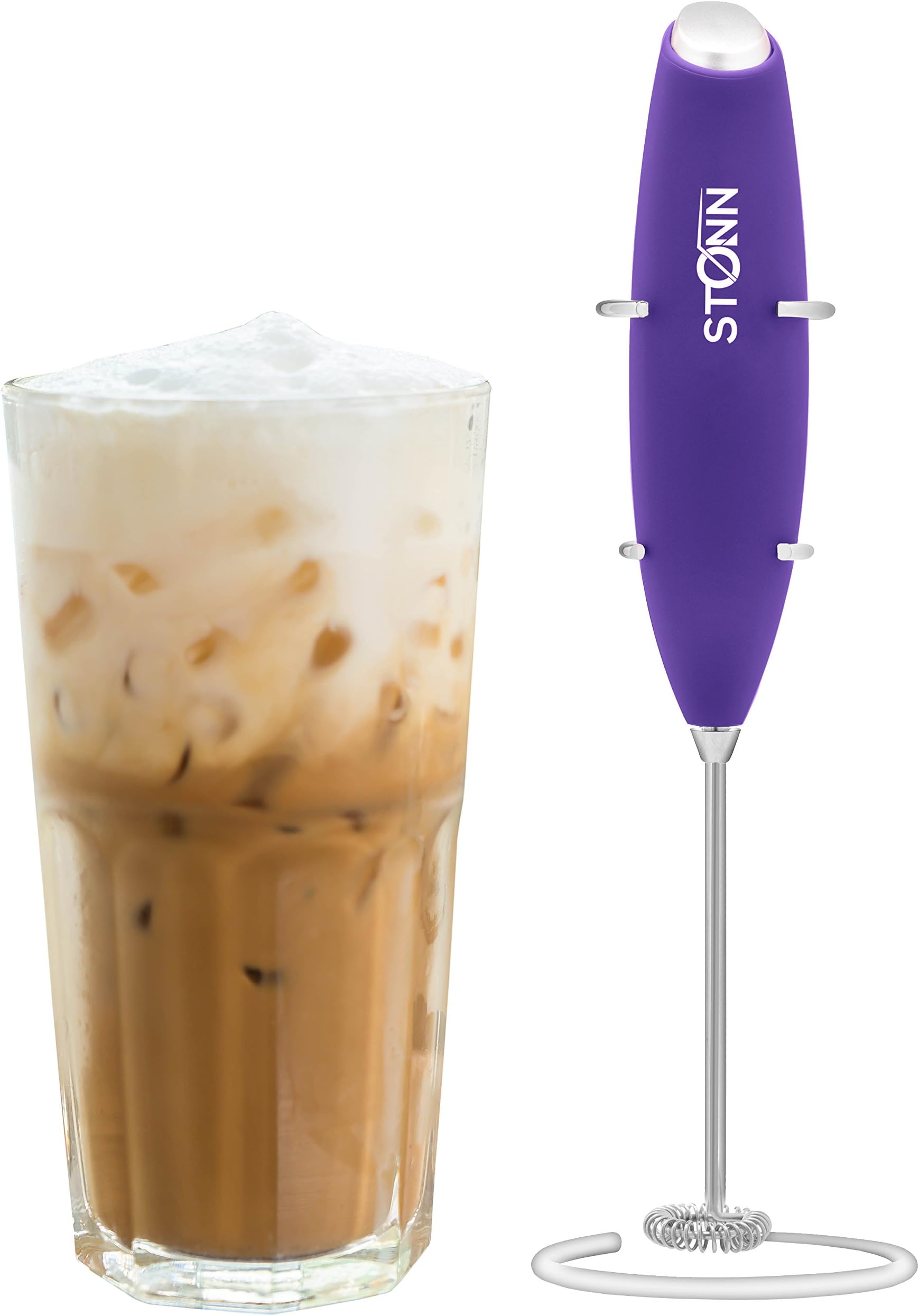 Electric Milk Frother Handheld for Drink Mixer, Latte, Coffee, Foam and Cappuccino Maker - Includes Stainless Steel Stand Blue