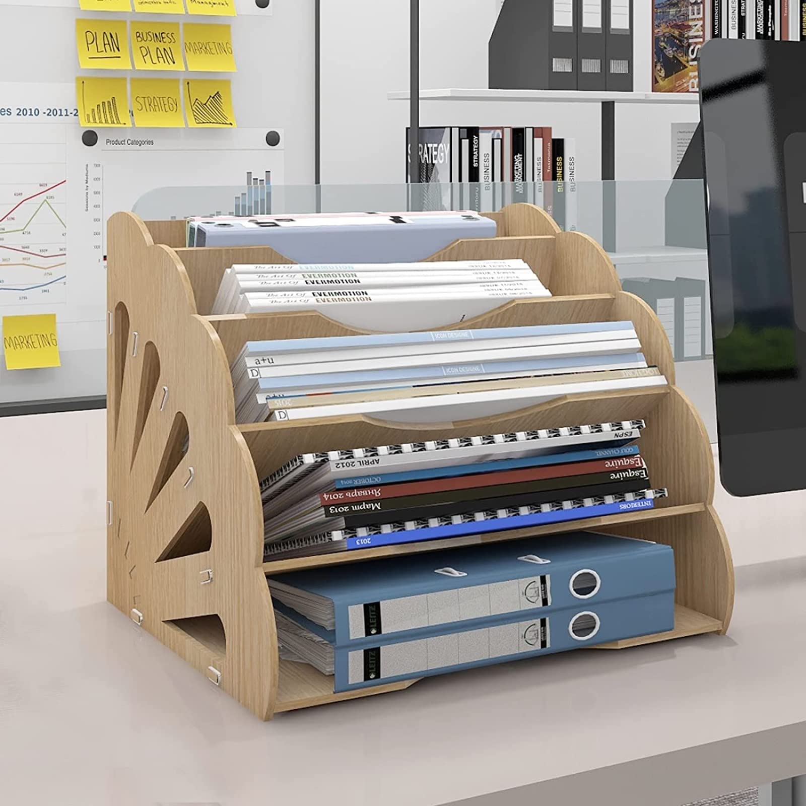 PUNCIA Wood Office Fan Shaped Desk File Organizer Desktop Storage File Sorter A4 Letter Tray File Rack Paper File Holder for Home Office Supplies