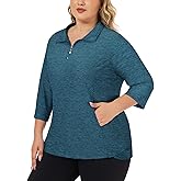 Tanst Sky Plus Size Womens Golf Polo Shirt 3/4 Sleeve Zip Up Workout Tops with Pockets