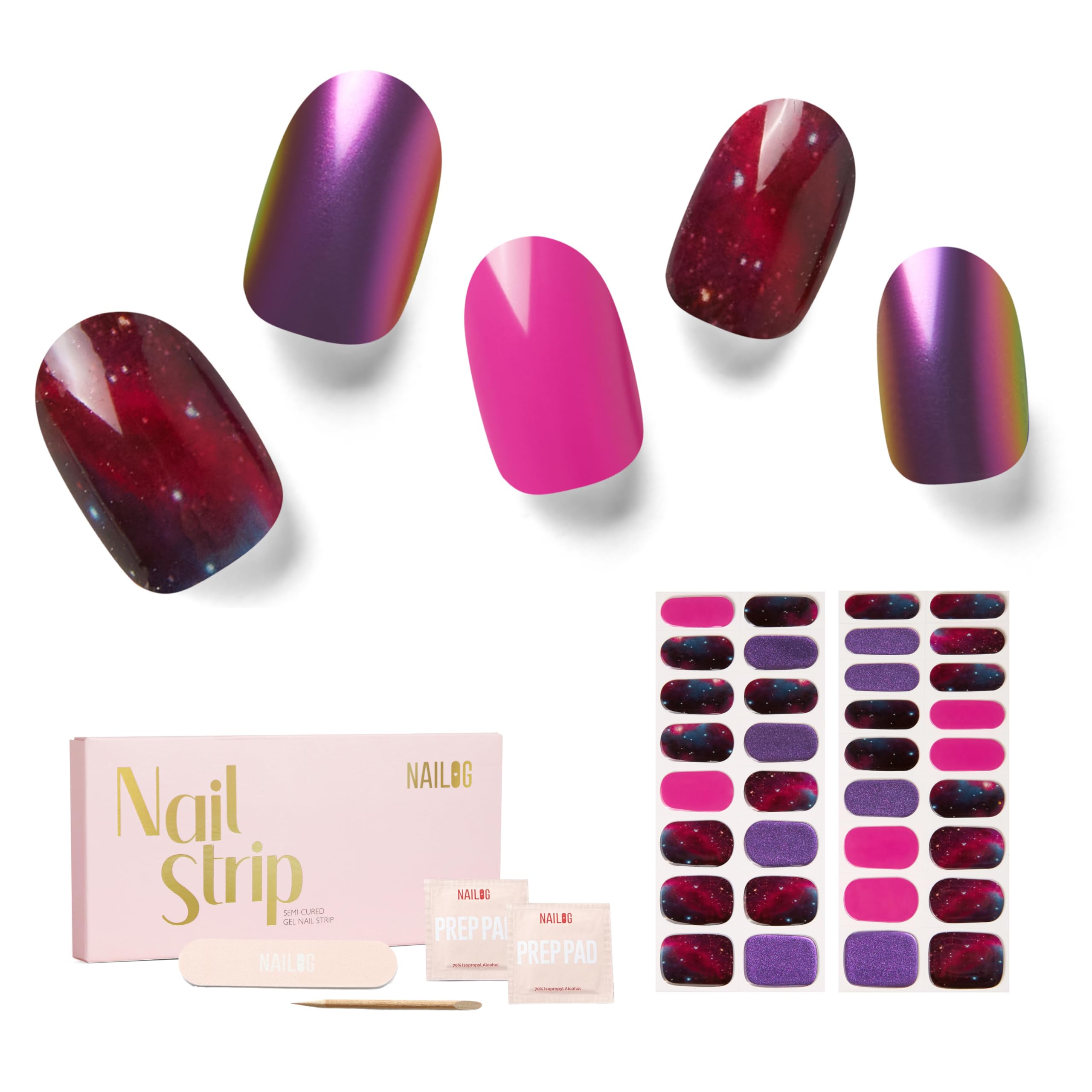NAILOG Semi Cured Gel Nail Strips 34 pcs| Buy 2 Get 1 UV Lamp | Long Lasting Nail Polish Sticker Wraps with Glossy Gel Finish, Lost in Galaxy — image 1