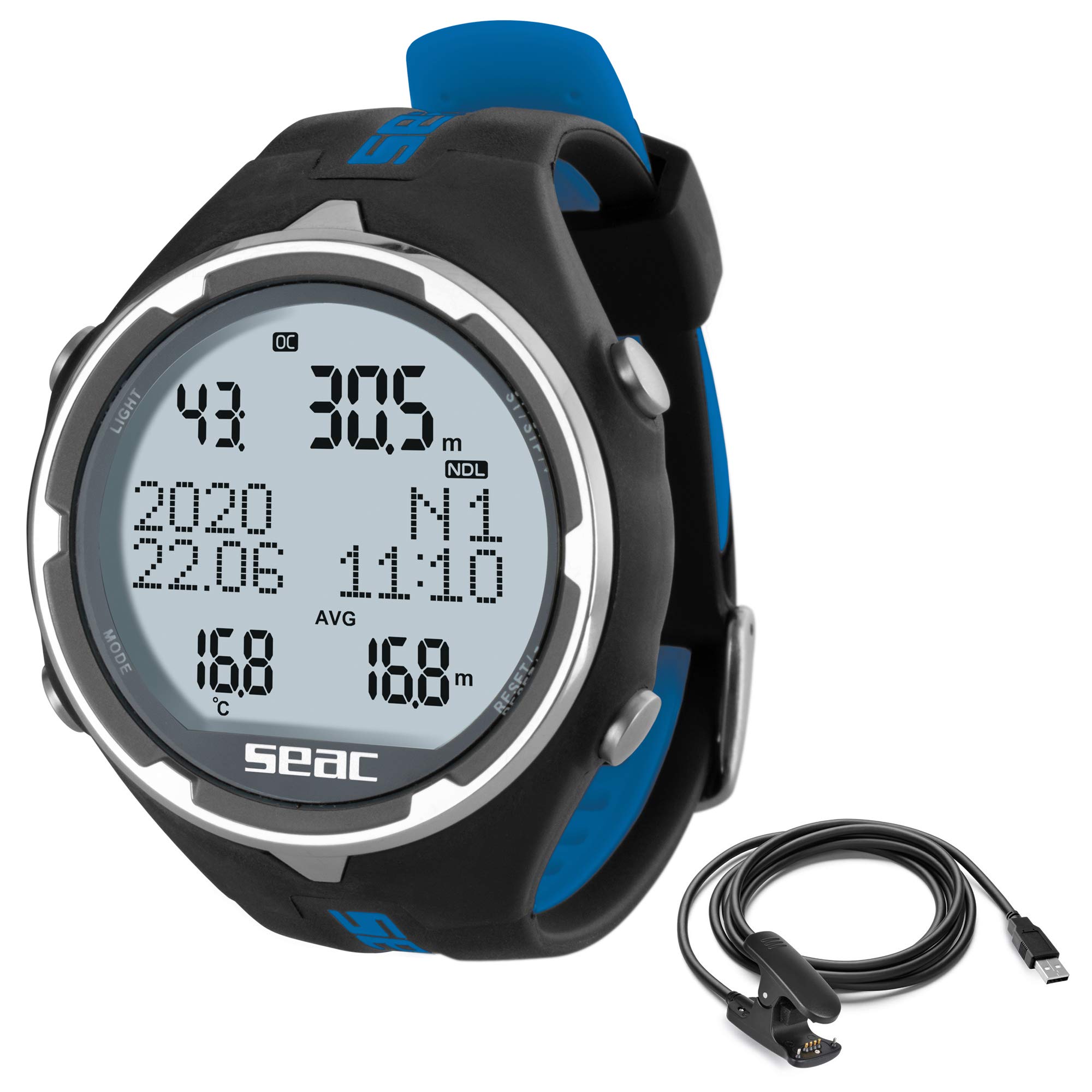 Seac Action, Dive Computer with Scuba and Freediving Mode, Dive Logbook, Dive Planner, Safety Alarms, black/blue + usb
