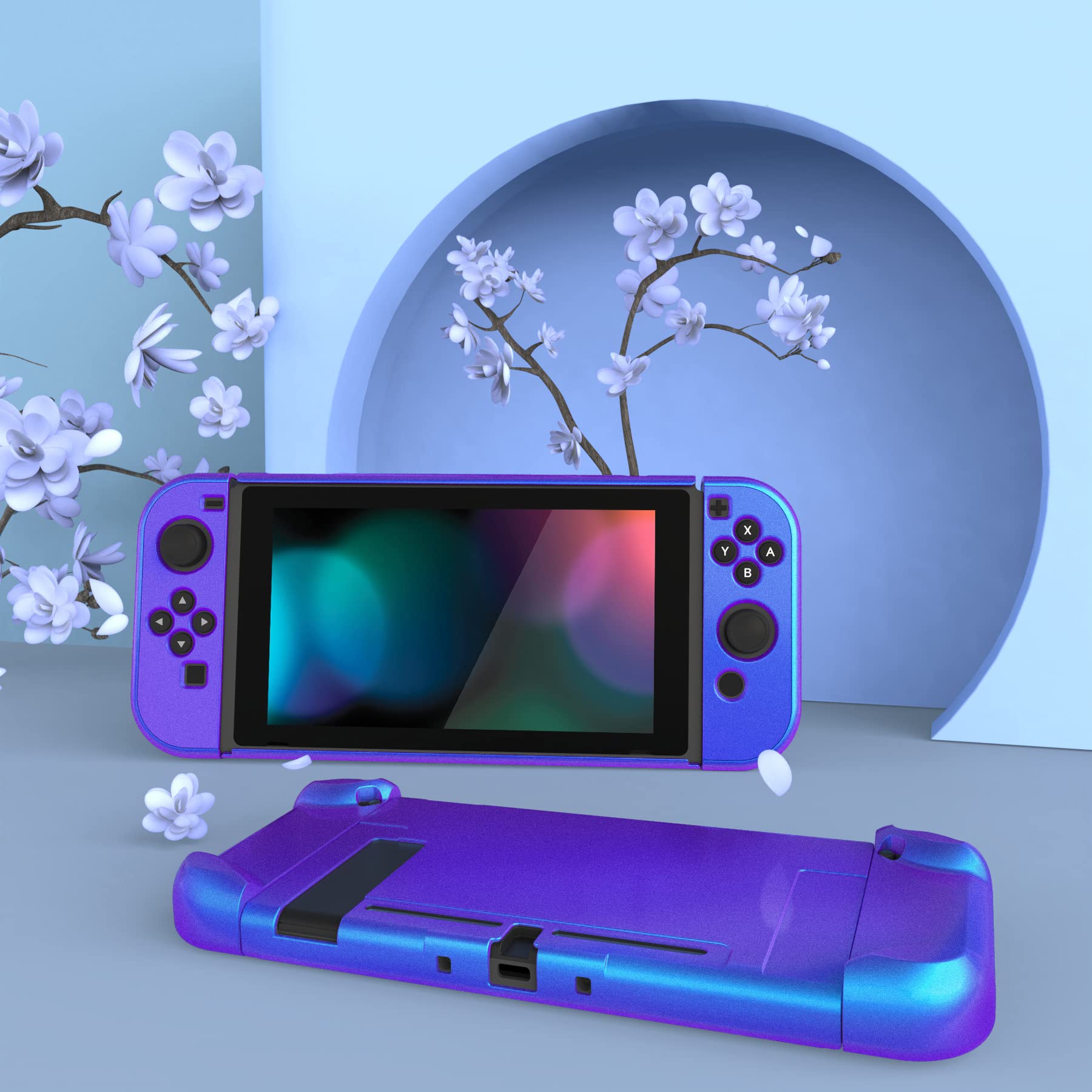eXtremeRate PlayVital Glossy Back Cover for Nintendo Switch Console, NS Joycon Handheld Controller Separable Protector Hard Shell, Dockable Protective Case for Nintendo Switch - Chameleon Purple Blue