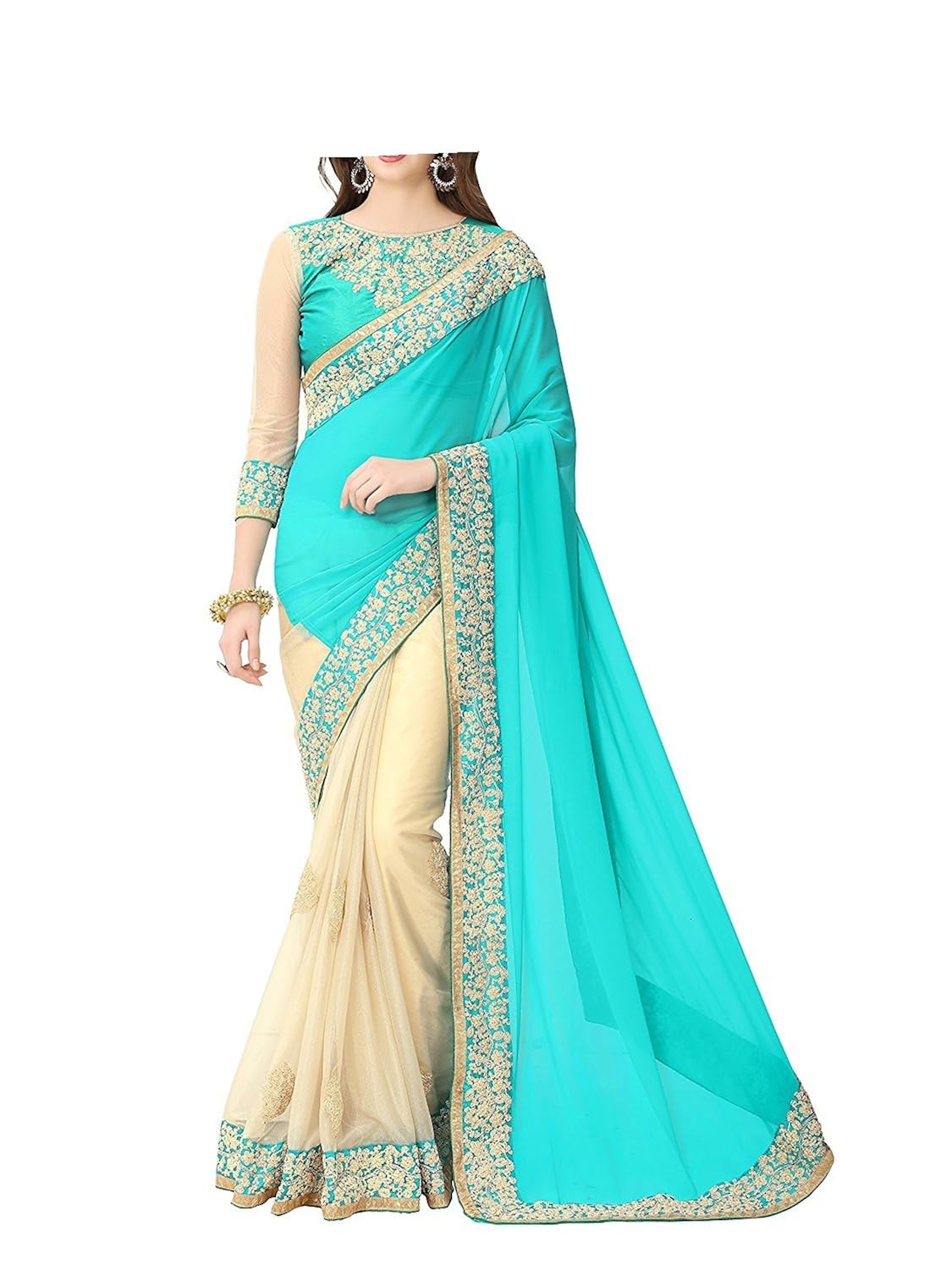 kuber enterprise women blue lycra sari with blouse piece (ku1060).