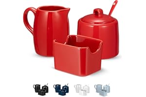 KooK Sugar and Creamer Set, 3 Piece, Pitcher, Sugar Bowl with Lid and Spoon, Sweetener Holder (Red)