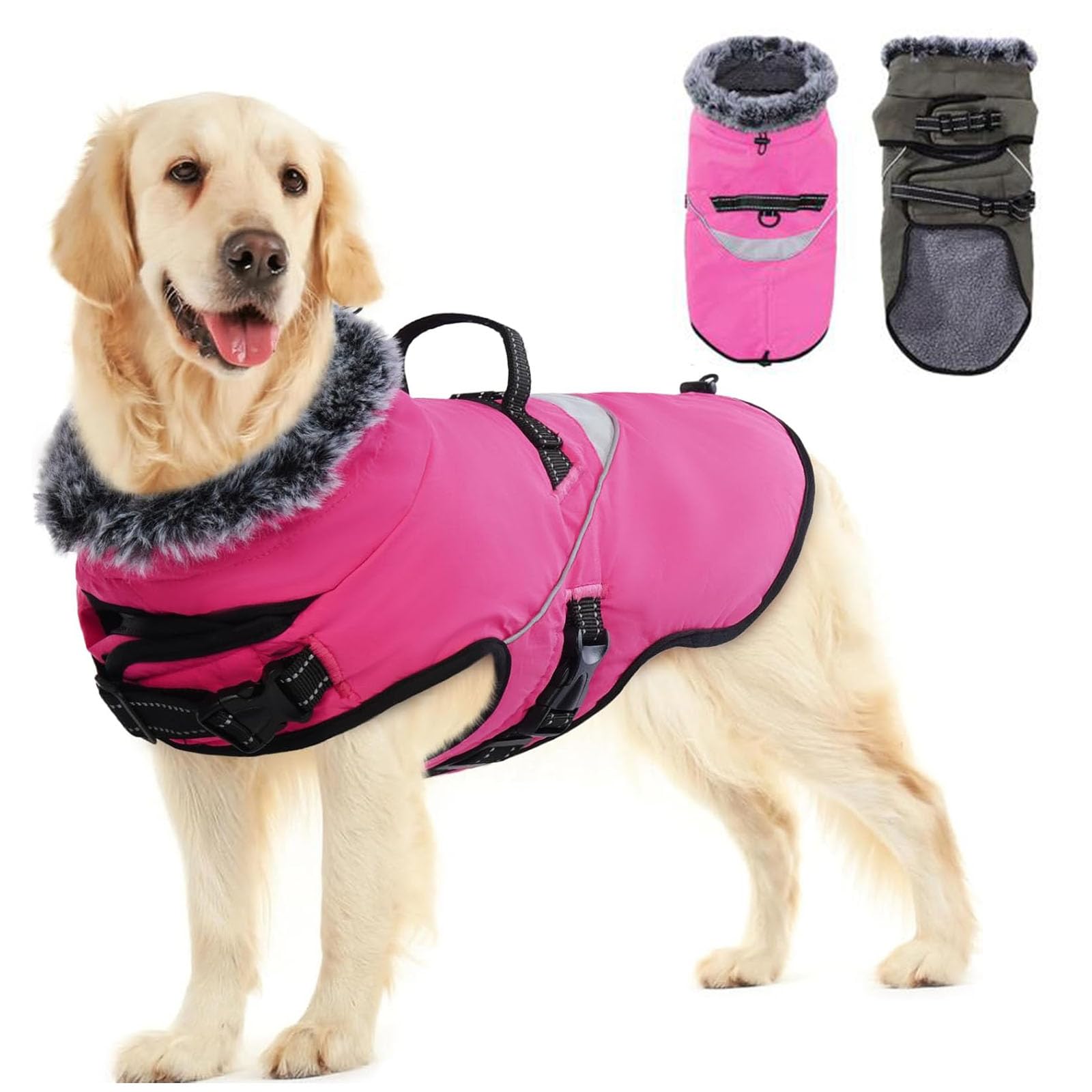 LIANZIMAU Waterproof Dog Coat with Harness Hole Warm Coats & Jackets for Dogs Small Medium Large Dog Cold Weather Coats Windproof with Reflective Strip