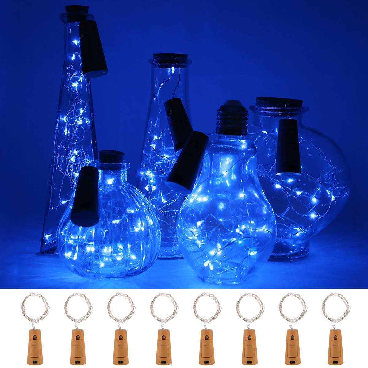8 Pcs 20 LED Wine Bottle String Lights,Battery Operated for Bedroom,Halloween Christmas,Wedding Party Decor (Blue)