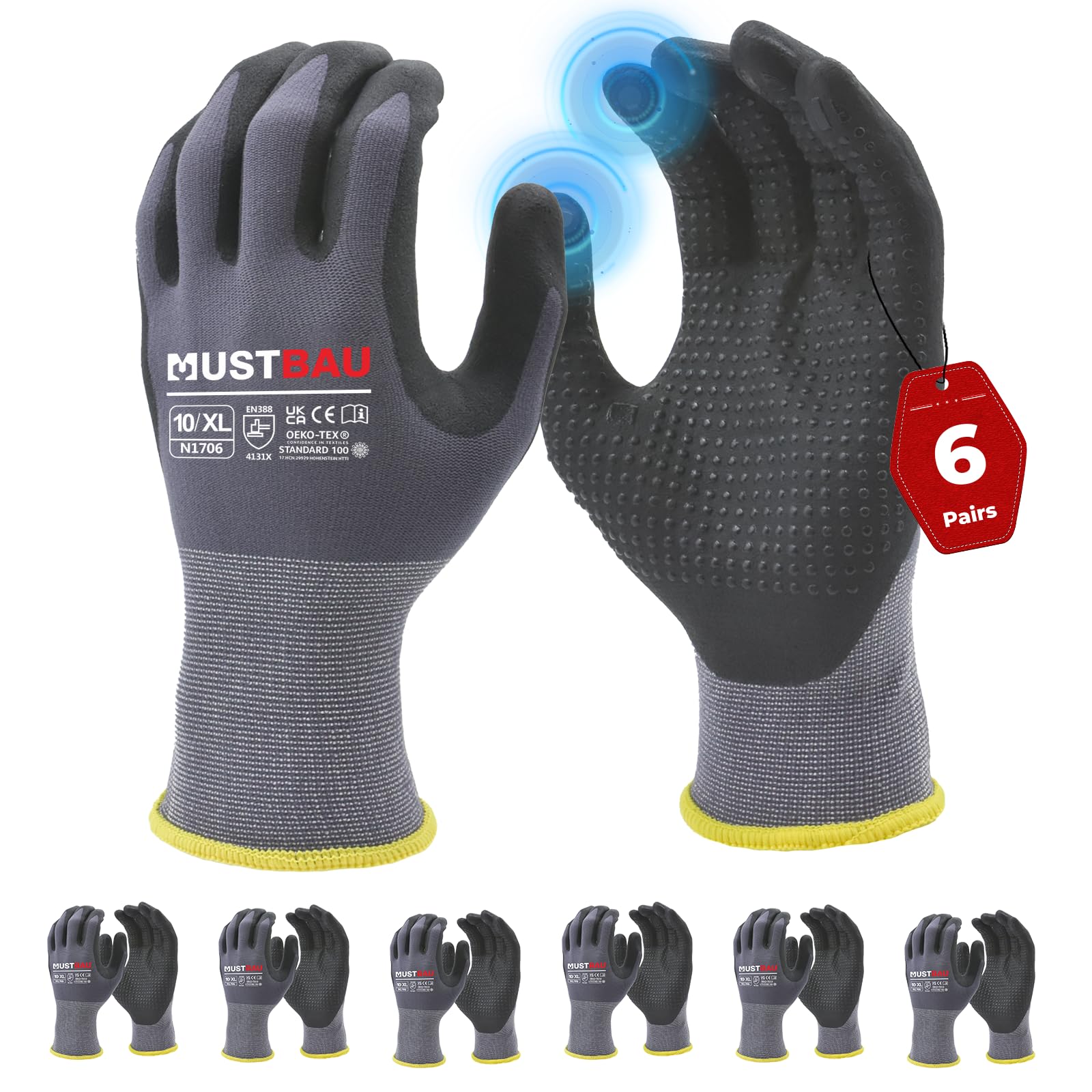 Mustbau 6 Pairs Safety Work Gloves Breathable Nitrile Coated Gloves,Knit Nylon Protective Gloves,Abrasion,Dexterity, Touch Screen, for Most Kinds of Jobs-XL