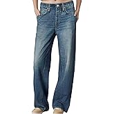 1901 SOCIETY Women's Wide Leg Jeans Look Like Denim Cotton Terry Pull-On Print Denim Sweatpants with Elastic Waistband