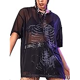 Floerns Women's Short Sleeve Skeleton See Through Sheer Mesh Tee Shirt Blouse Rave Tops