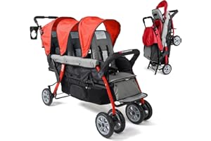 Gaggle by Foundations Compass 3 Seat Stroller | Triple Stroller for Infant and 2 Toddlers | Foot Brake | Shock-Absorbing All-Terrain Wheels | Easy Folding | Red