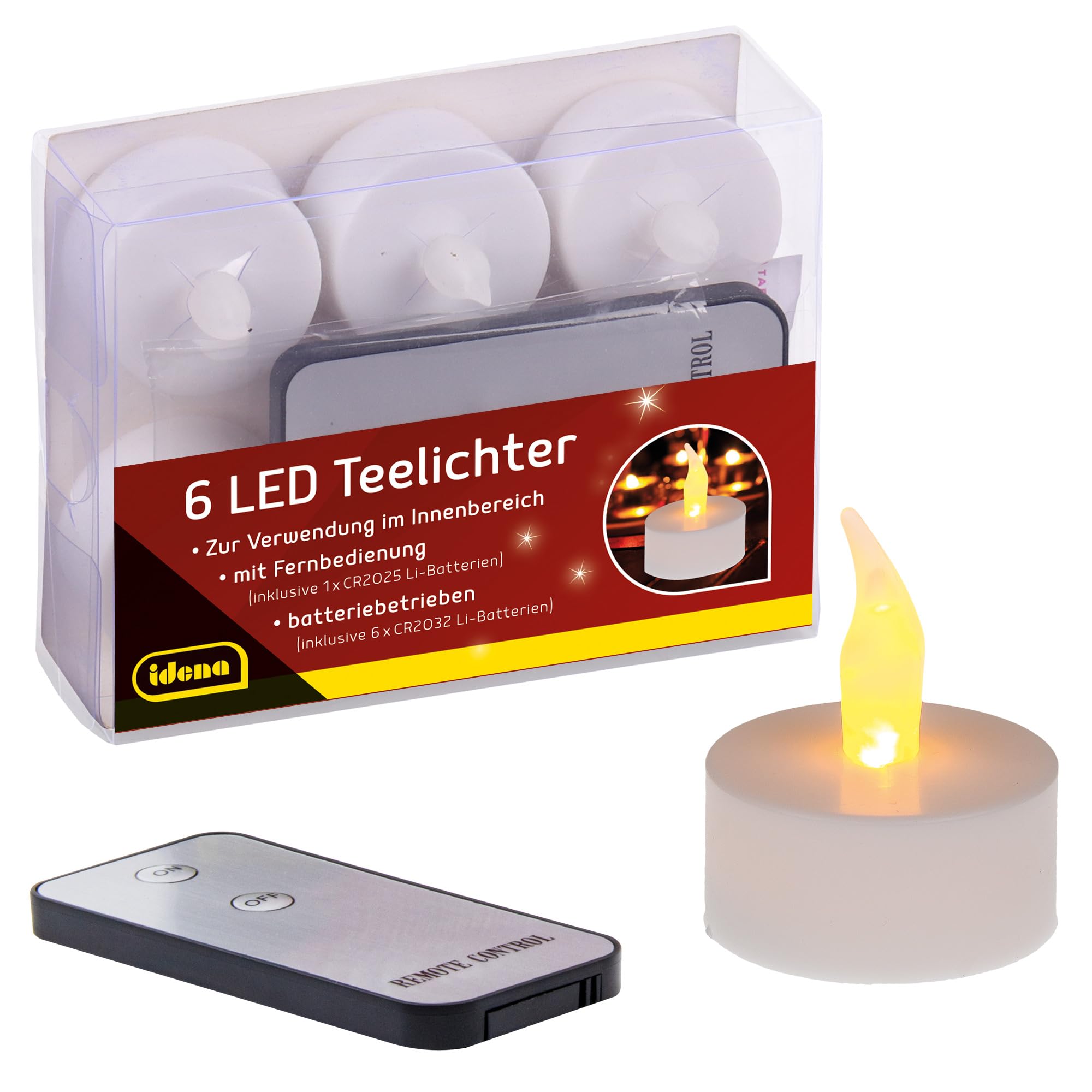 Idena 38204 - LED tea lights, 6 pieces, electric candles with flickering light, with remote control, including batteries, decoration for wedding, party, Christmas, Easter, as mood lighting