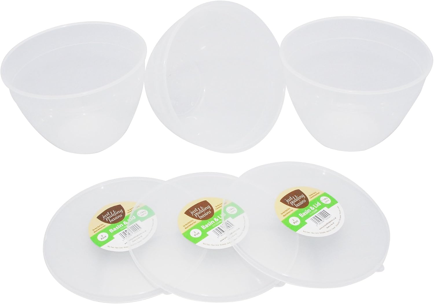 Just Pudding Basins Clear 2 Pint 1.14lt Basin (3 Pack) Food Safe 1 Litre Plastic Bowls and Lids, Transparent, 2 Pint / 1.14lt