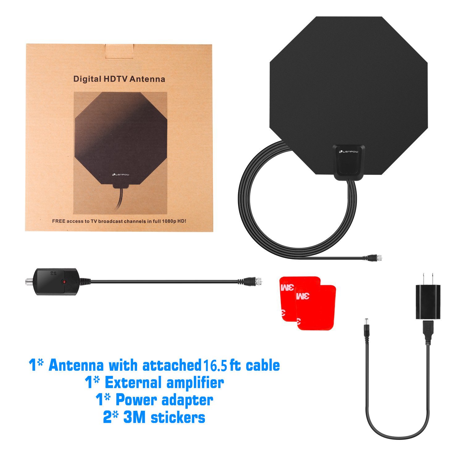 TV Antenna, LENPOW Best Indoor 1080P Amplified Digital TV Antenna 60 Mile Range with Detachable Amplifier Signal Booster, USB Power Adapter, 16.5Ft High Performance Coaxial Cable, Black