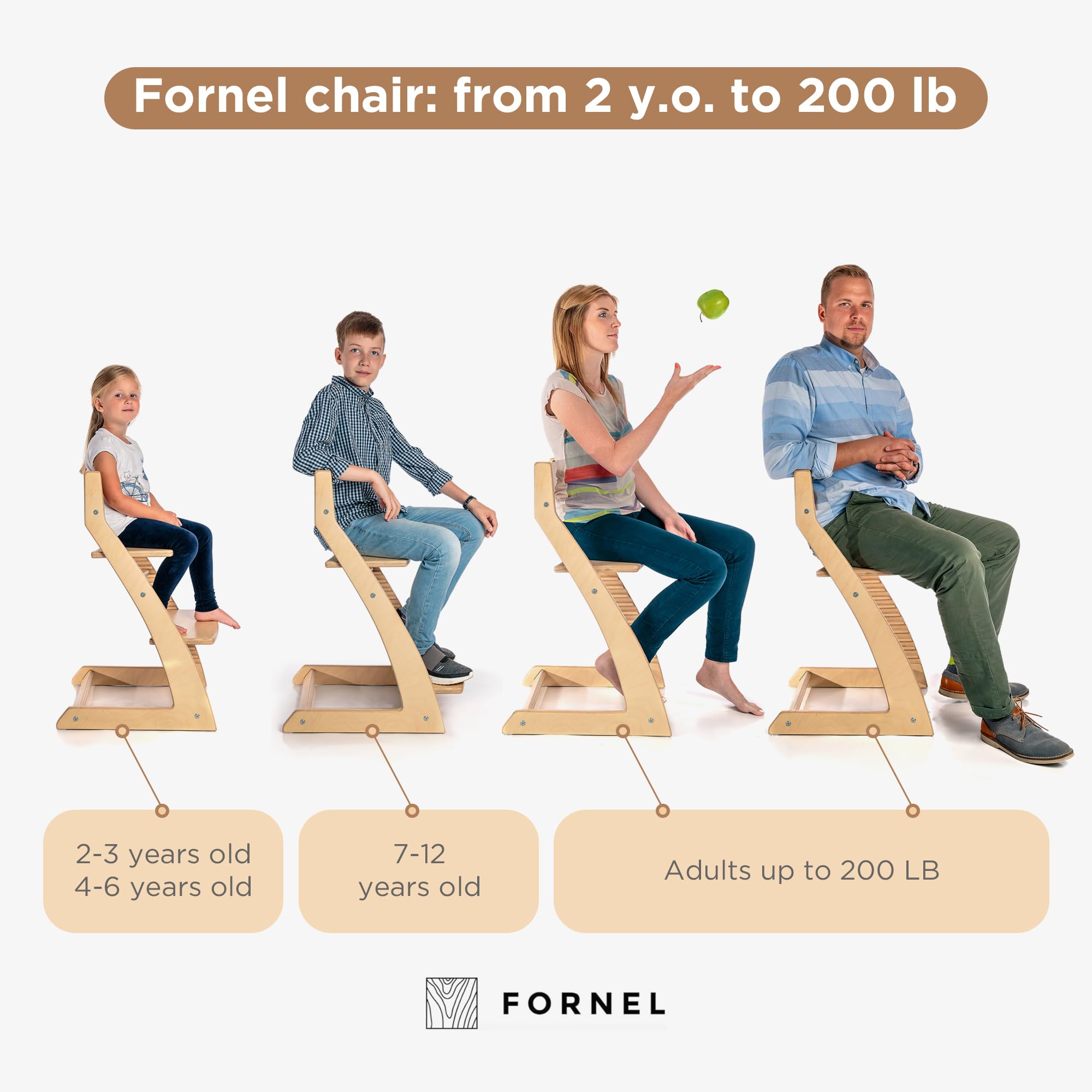 FORNEL Scandinavian Wooden High Chair | The Adjustable Grow-with-Me Chair, A Smart & Affordable Alternative to Stokke Tripp Trapp | Natural Wood Finish